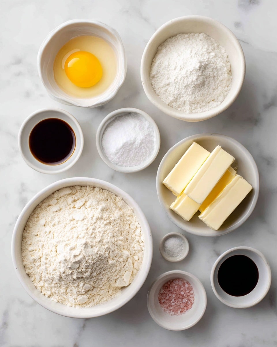 The image shows several small white bowls and a white bowl on a white marbled surface. The large white bowl at the bottom left is filled with light beige flour. Above it is a medium white bowl with white cornstarch. Next to that, a small white bowl holds a yellow egg yolk. At the top right, two white containers hold light cream-colored sticks of butter, one partially unwrapped. Around them are small white bowls containing white baking powder, pink salt, white confectioners’ sugar, and dark brown vanilla liquid. Each bowl is labeled with black text. Photo taken with an iphone --ar 4:5 --v 7