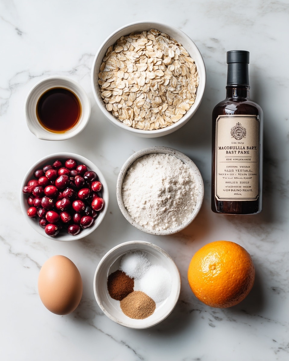 A top view of various ingredients arranged in a flat lay on a white marbled surface. There are seven containers and one loose orange arranged loosely in a cluster. The largest bowl at the top center is filled with light beige rolled oats. Below it to the left is a small white bowl filled with dark brown liquid. To the right of the liquid is a dark brown bottle labeled