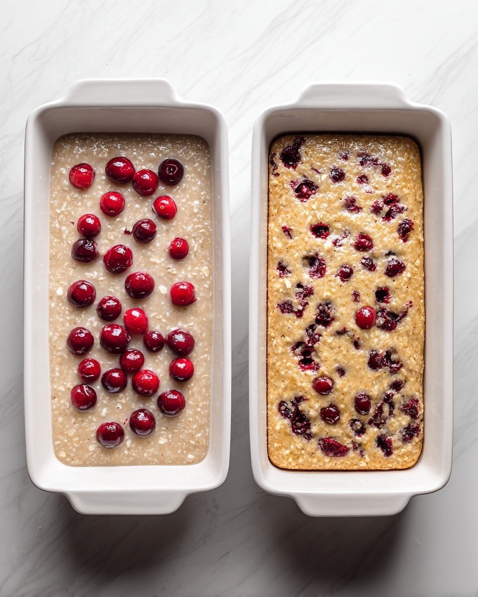 The image shows two white rectangular baking dishes placed side by side on a white marbled surface. The dish on the left has an uncooked mixture that is light beige with small grains visible, topped with bright red cherries scattered evenly across the surface. The dish on the right shows the same mixture after baking, now golden brown with a firm texture and slightly crispy edges, with the same cherries that have darkened slightly and sunk a little into the baked layer. The overall look contrasts the raw creamy mixture and the cooked golden oatmeal with red cherry spots. photo taken with an iphone --ar 4:5 --v 7