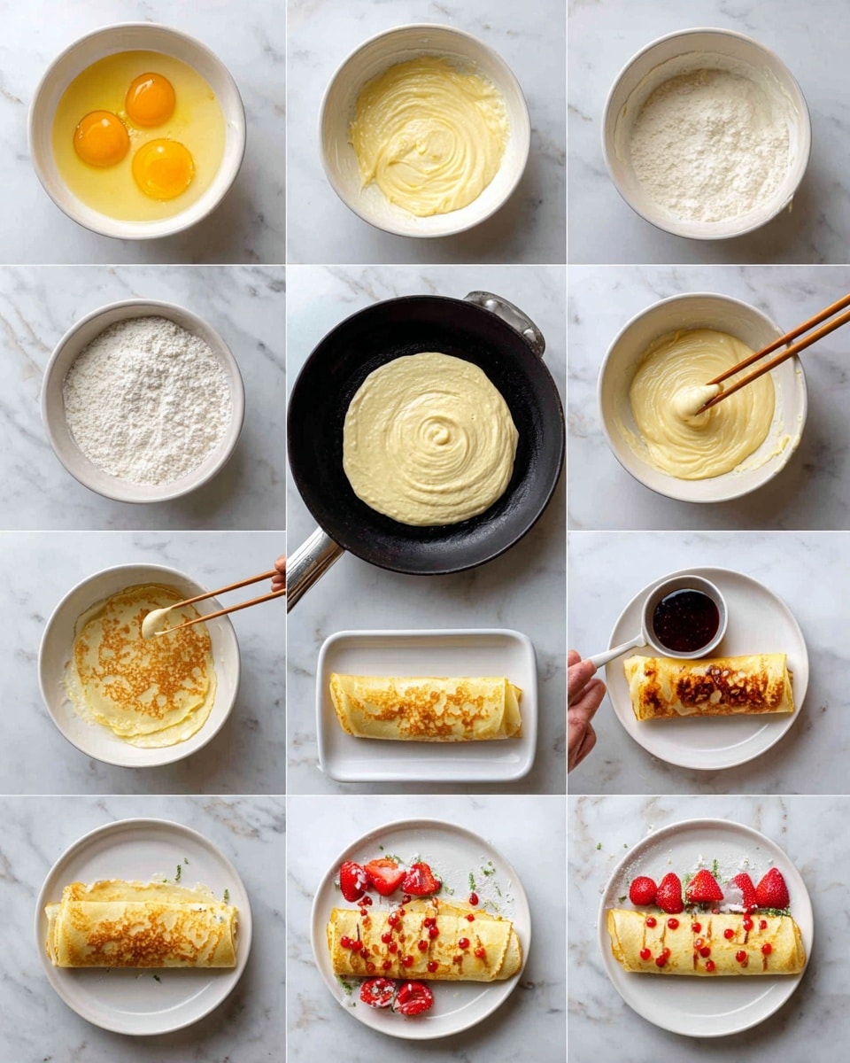 A recipe collage shows 15 small photos of making a dish on a white marbled surface with tomatoes and spices. The first row has three bowls with egg yolks and flour mixed in layers of light yellow, white, and beige. The second row shows batter with a smooth texture in white bowls and then a black pan with pale batter spread in the center. The third row shows the batter cooking in the pan, turning light golden with a smooth texture and woman's hand holding chopsticks lifting the edges. The fourth row focuses on cooking a thin pancake, flipping and browning it golden yellow with some darker spots. The last row shows the cooked rolled pancake plated on a white plate, topped with a sweet sauce and red toppings with a woman's hand pouring the sauce from a spoon. Photo taken with an iphone --ar 4:5 --v 7