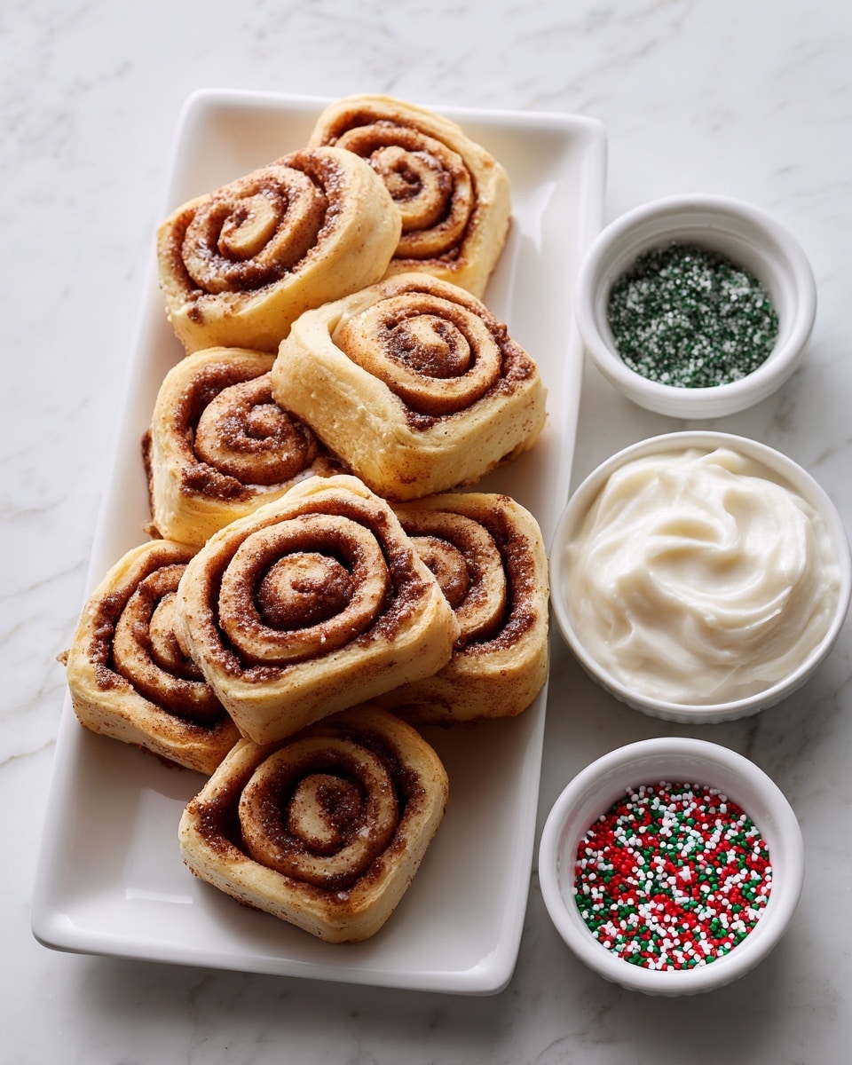 A white rectangular plate holds about ten cinnamon rolls stacked in two layers, each roll showing a spiral pattern of light golden brown dough and darker cinnamon filling. To the right of the plate, three small white round bowls are lined up vertically on a white marbled surface. The top bowl is filled with coarse dark green sugar crystals, the middle bowl contains smooth, creamy white icing, and the bottom bowl holds small round sprinkles in red, green, and white colors. The whole scene is bright and clean, with soft natural light coming from above. photo taken with an iphone --ar 4:5 --v 7