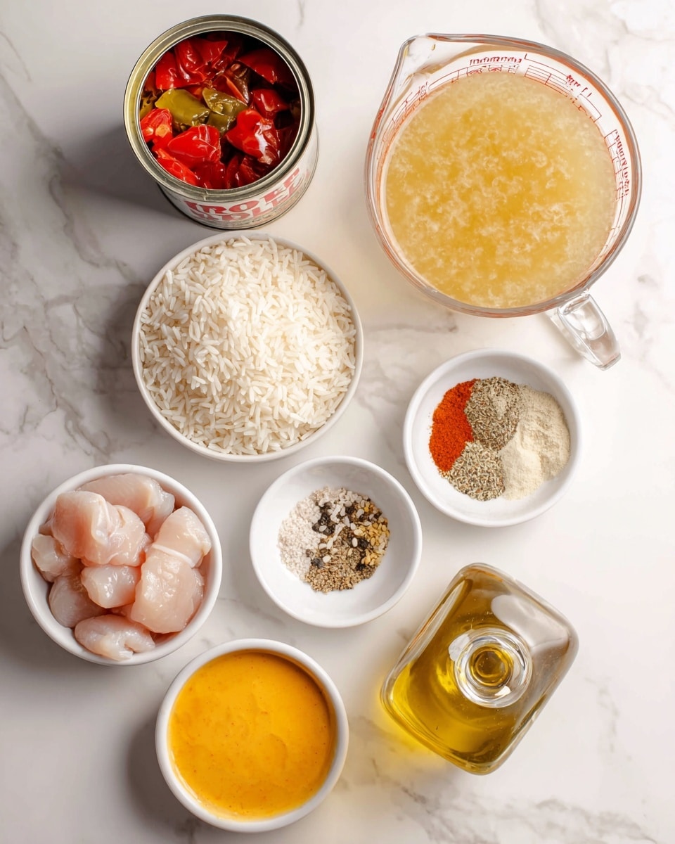 The image shows seven different ingredients arranged on a white marbled surface, each labeled with yellow text. At the top center is a clear glass measuring cup filled with light golden chicken broth. To the left of it is an open can of Rotel, showing red tomatoes and green chilies inside. Below the broth, there is a white bowl filled with uncooked long-grain white rice, its fine texture visible. Next to the rice on the right, a small white bowl holds a mix of beige and black spices including garlic powder, onion powder, cumin, kosher salt, and black pepper. Below that is an open can with bright orange-yellow nacho cheese sauce, smooth in texture. On the bottom left, a white bowl contains raw, skinless chicken breast pieces, pale pink in color. Lastly, on the bottom right, a glass bottle with a golden liquid labeled olive oil is present, with a dispenser attached. The photo is taken with an iphone --ar 4:5 --v 7