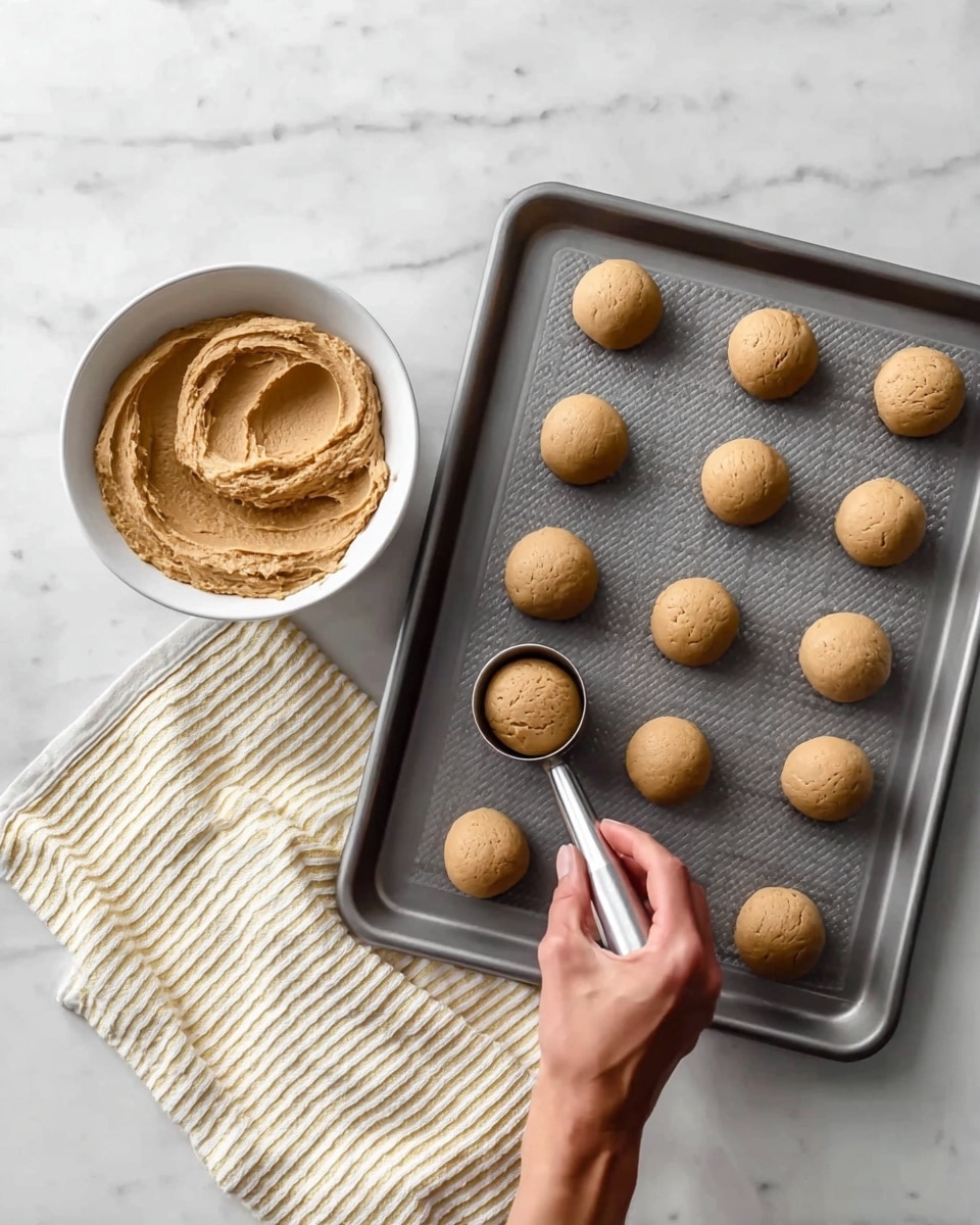 A gray baking tray holds eleven small, round dough balls that are light brown and smooth. A woman's hand is shown using a metal scoop to place another ball of the same dough onto the tray. To the left of the tray, there is a white bowl filled with a light brown, creamy dough spread evenly inside. A white and yellow striped cloth is partially visible beneath the bowl. The scene is set on a white marbled surface. photo taken with an iphone --ar 4:5 --v 7