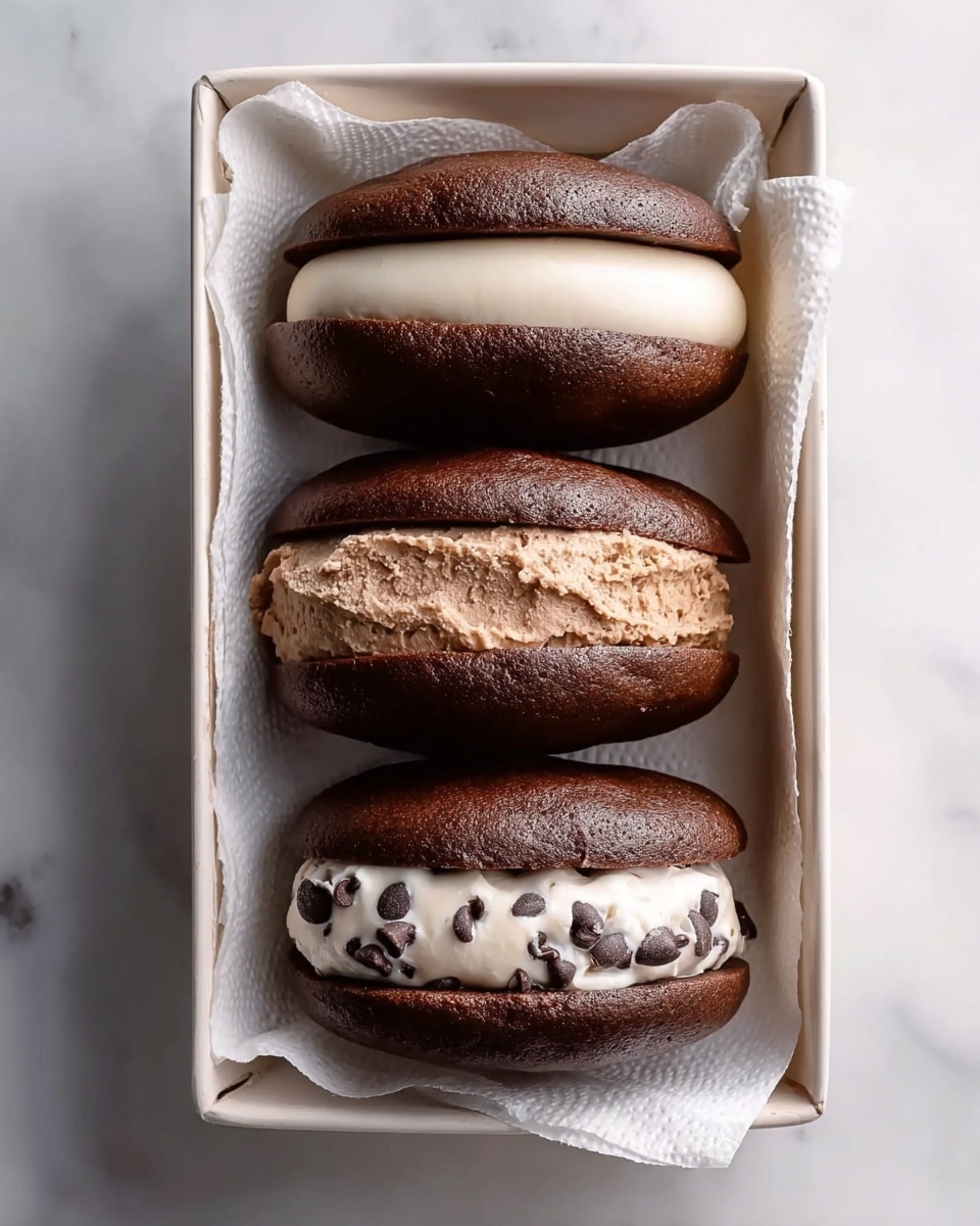 Three chocolate whoopie pies are aligned side by side inside a white rectangular tray lined with white paper towel. Each whoopie pie has two thick, round, and dark brown chocolate cake layers forming the top and bottom. The first pie on the left is filled with smooth, creamy white filling. The middle pie has a light brown, airy filling. The pie on the right shows white filling mixed with small dark chocolate chips scattered throughout. The tray is placed on a white marbled surface. Photo taken with an iphone --ar 4:5 --v 7