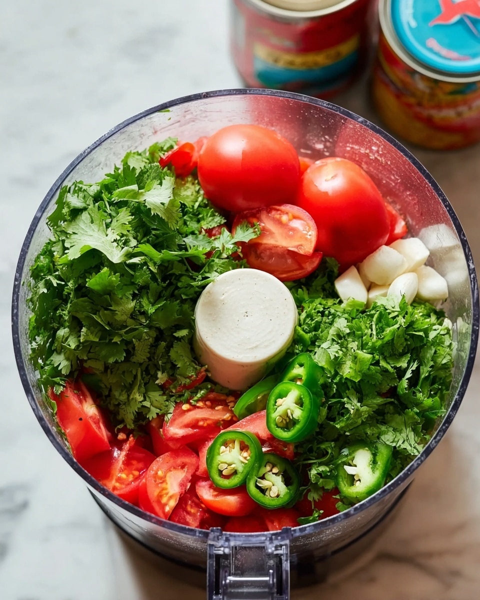 A clear food processor bowl filled with fresh ingredients layered from bottom to top: at the bottom are bright red whole tomatoes and sliced tomatoes showing their juicy red flesh, next to them are few chunks of white garlic cloves, and fresh, vibrant green cilantro leaves with their delicate texture cover a large part of the top layer, along with slices of green jalapeño peppers showing their seeds; the bowl sits on a white marbled surface with three canned goods blurred in the background. photo taken with an iphone --ar 4:5 --v 7