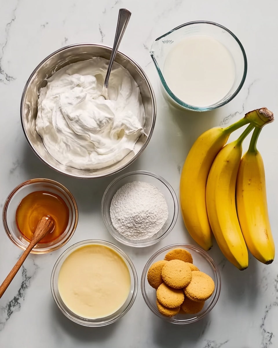 The image shows six bowls and a bunch of bananas on a white marbled surface. On the left, there is a medium silver bowl filled with white whipped cream and a spoon inside it. Above, there is a glass measuring cup filled with white milk. To the right of it, there is a bunch of three yellow bananas with green stems. Below the measuring cup, a small round silver bowl contains white powder, while next to it, a glass bowl is filled with golden round cookies. Below the cookies, there is a glass bowl with a pale yellow creamy mixture. On the bottom left corner, there is a small silver cup with a wooden measuring spoon filled with orange-colored syrup. photo taken with an iphone --ar 4:5 --v 7
