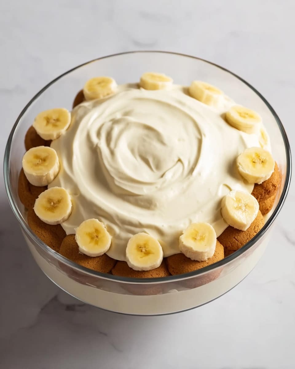 A clear glass bowl with three visible layers: at the bottom, round light brown cookies are arranged side by side forming a base; the middle layer has yellow banana slices neatly placed over the cookies in a circle; the top layer is a smooth, thick, creamy white mixture spread evenly, with gentle swirls seen on the surface. The bowl sits on a white marbled background. Photo taken with an iphone --ar 4:5 --v 7