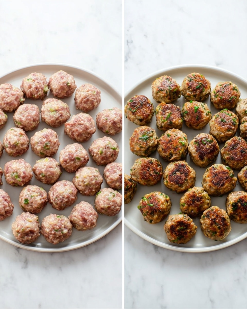 Two white plates with round meatballs arranged in neat circles are shown on a white marbled surface. The left plate holds raw meatballs that are pinkish with bits of green herbs and small pieces of onion mixed in, each ball smooth but slightly textured from the ingredients. The right plate has the same meatballs cooked, showing a browned, crispy outside with a mix of dark golden and light brown tones, still revealing tiny green herbs scattered throughout. The meatballs are uniform in size and shape on both plates. Photo taken with an iphone --ar 4:5 --v 7