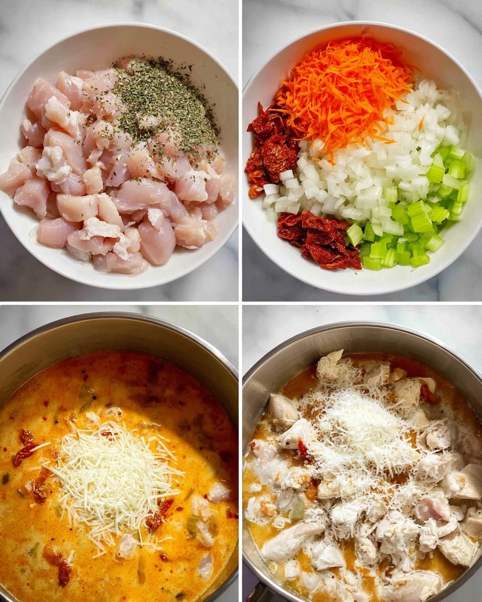 The image shows four stages of cooking in a white bowl and pot on a white marbled surface. The first part shows raw small pieces of pink chicken sprinkled with green herbs. The second part has cooked chicken pieces topped with shredded orange carrots, chopped white onions, green celery pieces, and red sun-dried tomatoes, all neatly placed in separate corners. The third part displays the cooked chicken and vegetables mixed well with white powder spread over them. The last part is a pot full of creamy orange soup with small round pieces inside, topped with a pile of white shredded cheese in the center. Photo taken with an iphone --ar 4:5 --v 7