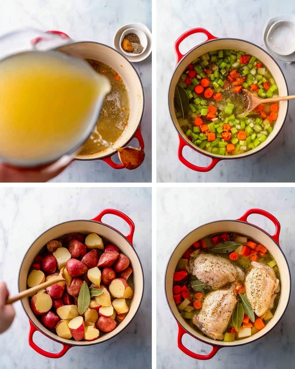 The image sequence shows a white pot with red handles on a white marbled surface, capturing the cooking stages of a stew. In the first frame, the pot contains a mix of chopped green celery, orange carrots, and small red potatoes, with a woman's hand pouring a light yellow broth over the vegetables, and a wooden spoon resting on the pot's edge; in the background, there are two white bowls with seasoned, raw chicken pieces and various spices. In the second frame, the pot is filled with halved red potatoes, bay leaves, black pepper, and the same vegetable mix, all covered by the broth. In the last frame, two white, seasoned chicken pieces rest on top of the broth and vegetables inside the pot, showing a well-prepared layered stew almost ready to cook. photo taken with an iphone --ar 4:5 --v 7