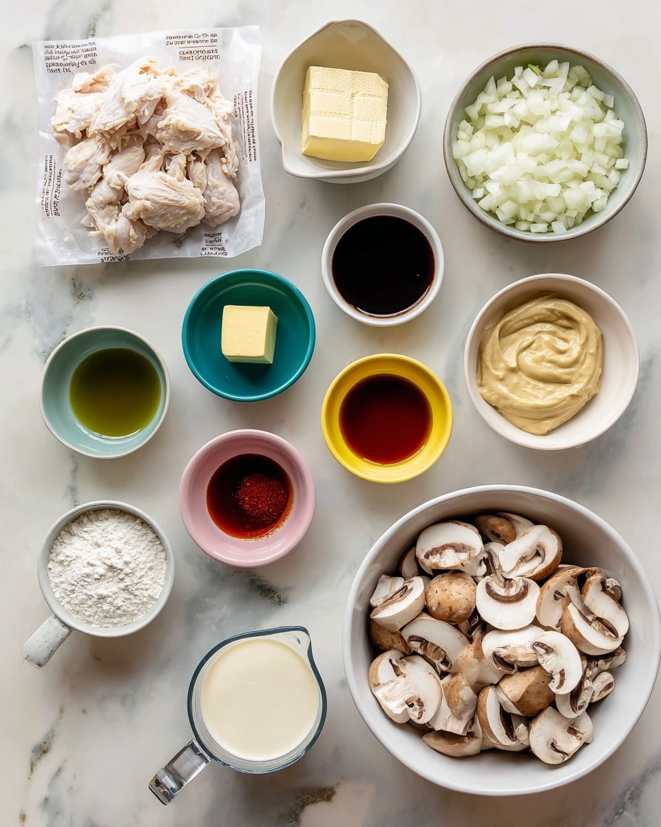 The image shows a flat lay of cooking ingredients arranged neatly on a white marbled surface. In the top left corner, there is a white package of raw chicken. To the right, a white bowl holds chopped white onions. Below, there are several small white bowls and colored small bowls with different ingredients: a teal bowl with a cube of butter, a pink and a green bowl both with olive oil, a yellow bowl with dark Worcestershire sauce, a red bowl with minced garlic, a blue bowl with creamy dijon mustard, a white bowl filled with white flour, and a measuring cup with light chicken broth. A metal measuring cup in the center holds smooth sour cream. In the bottom right, a large white bowl is filled with sliced mushrooms. Each component is spaced well apart, creating a clean and organized look. Photo taken with an iphone --ar 4:5 --v 7
