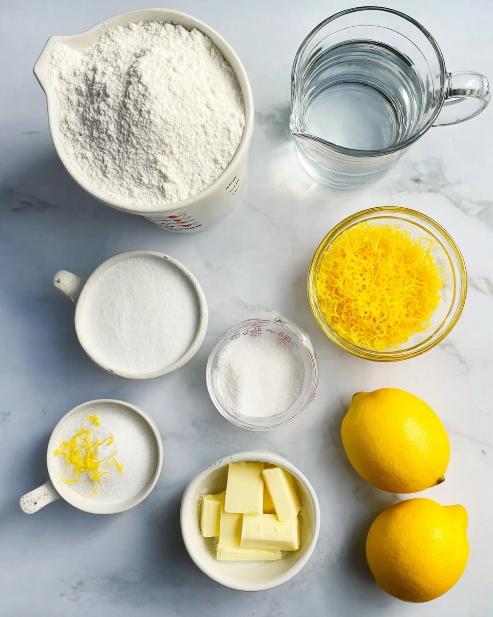 The image shows several measuring cups and bowls with ingredients on a white marbled surface: a large white cup filled with white flour, a medium white cup with sugar, a small white cup with salt, a clear glass bowl with bright yellow lemon zest, a clear cup with milk and butter pieces, a clear glass mug with water, and two whole yellow lemons. The texture of the ingredients is clear, with the flour appearing powdery, the sugar granulated, and the lemon zest finely shredded. Photo taken with an iphone --ar 4:5 --v 7