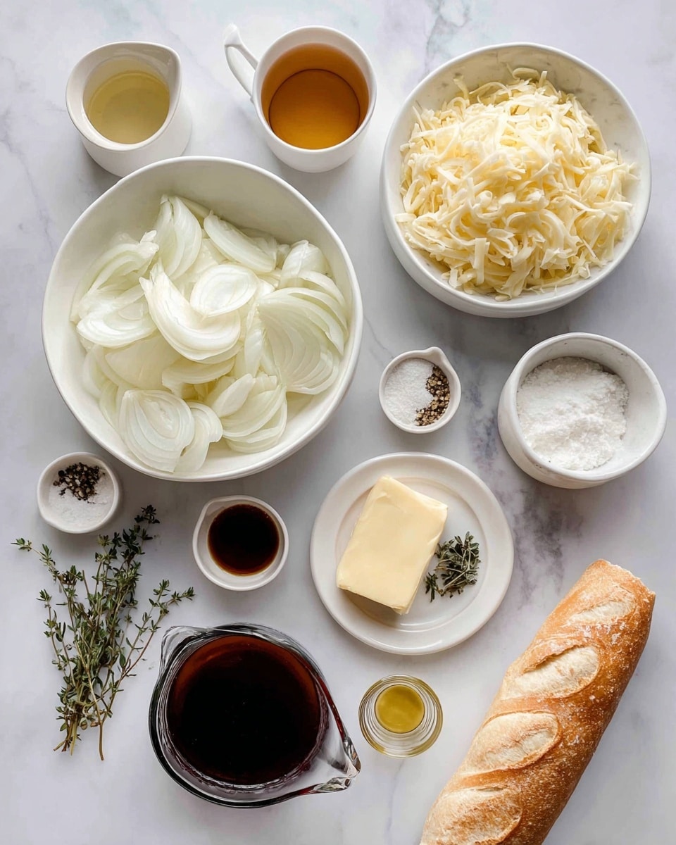 The image shows several white bowls and containers arranged on a white marbled surface, each holding a different ingredient. In the center-left, a large white bowl is filled with thinly sliced white onions, showing soft, curved layers. Above it, a small white cup holds a light amber liquid labeled white wine. To the right, a white bowl contains shredded pale yellow Gruyere cheese. Below, a clear glass measuring cup is filled with dark rich beef stock. A long white baguette rests on the bottom right corner of the image. Near the onions, a white plate holds a small square of yellow butter, a small pile of white flour, black pepper, salt, a couple of green thyme sprigs, and a bay leaf, all arranged neatly. Near this plate is a small clear glass filled with pale golden oil and a small clear glass with dark Worcestershire sauce, both shaped like small bottles. There is also a tiny glass with dark amber dry sherry next to the oil. The ingredients are all set on a white marbled background with simple lighting. Photo taken with an iphone --ar 4:5 --v 7