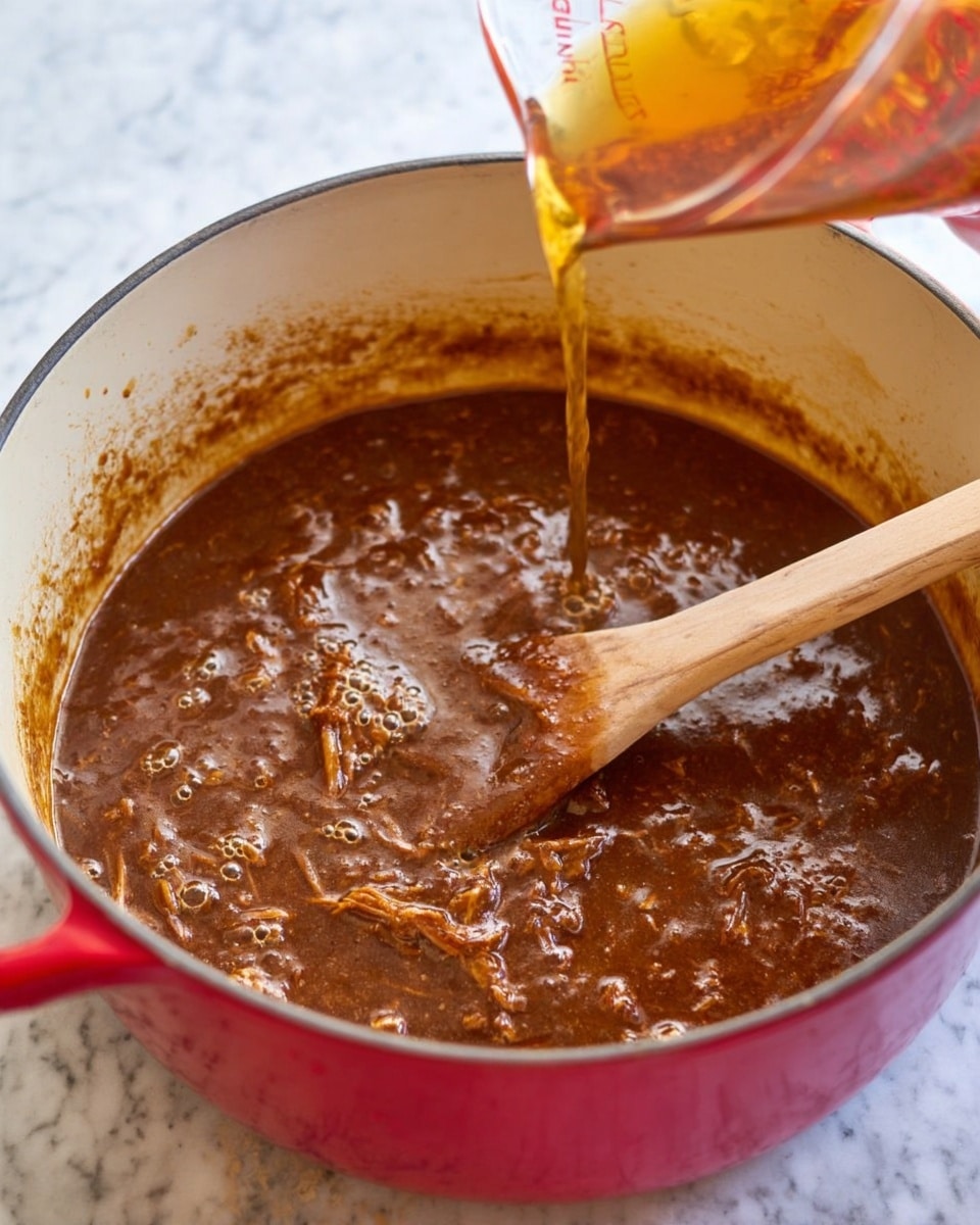 A red pot with white inside sits on a white marbled surface, filled with thick brown stew that has visible shredded textures in it. A wooden spoon rests inside the pot, partially covered in the thick brown mixture. From above, amber-colored liquid is being poured from a clear measuring cup into the pot, creating bubbles on the stew's surface. The scene is bright and close-up, showing the pot from a slightly top angle. Photo taken with an iphone --ar 4:5 --v 7