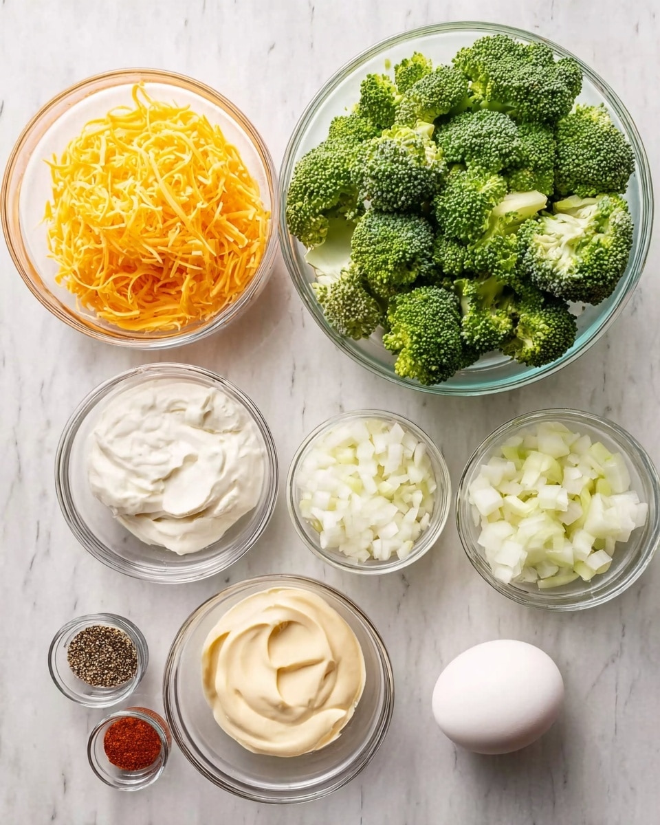 The image shows seven clear glass bowls on a white marbled surface, each holding different ingredients. On the top left is a bowl filled with bright orange shredded cheddar cheese, and next to it on the right is a large bowl of fresh, green broccoli florets. Below the cheese, there is a small bowl of white sour cream with light brown specks. Next to that is a small bowl of finely chopped white onions. To the right of the onions is a bowl of creamy light beige mayonnaise. Next to the mayonnaise, there is a small empty clear bowl, and beside it lies one white egg. At the bottom left corner, there are two tiny bowls with spices: one is a mix of black and white pepper, and the other has a reddish powder, likely paprika. Photo taken with an iphone --ar 4:5 --v 7