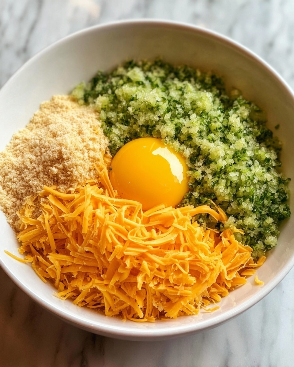 A white bowl holds four main layers of ingredients. Around the back and right side is a layer of green, finely chopped vegetables with a rough texture. On top of this to the left side is a mound of beige powder. In the middle of the bowl, resting on the green layer, is a bright yellow raw egg yolk with a shiny, smooth surface. At the front and bottom of the bowl is a layer of shredded orange cheese with thin, soft strands. The bowl sits on a white marbled surface. photo taken with an iphone --ar 4:5 --v 7
