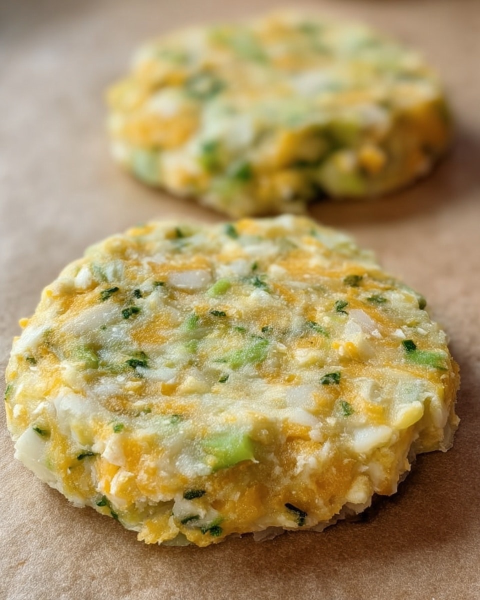 Two round, flat patties are placed on a light brown surface, showing a mixture with visible small pieces of shredded yellow cheese, small white chunks, and bits of green vegetables evenly spread throughout. The texture appears soft and slightly moist with a rough, uneven surface. The patties are about the same size and have a homemade look, with one in the foreground and the other slightly blurred in the background. photo taken with an iphone --ar 4:5 --v 7
