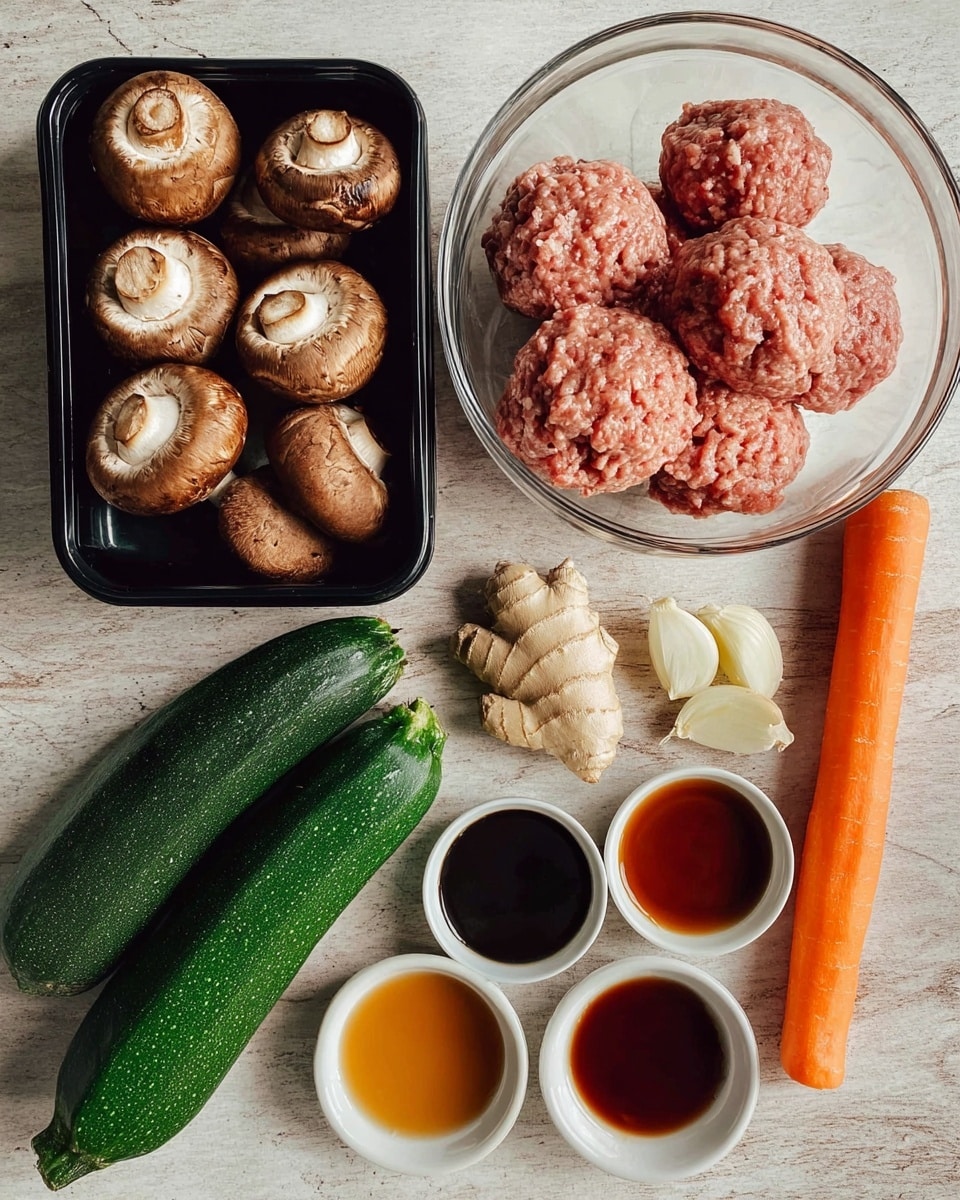 The image shows fresh cooking ingredients arranged on a white marbled surface. In the top left corner, there is a black plastic container holding six whole brown mushrooms with smooth textures. To its right, there is a clear glass bowl filled with roughly formed raw ground meat patties, pink and white in color. Below the bowls, two cloves of peeled garlic and a piece of light brown ginger root with knobby texture are placed side by side. Next to these, there are four small white bowls filled with sauces and oils in varying shades of dark brown, amber, and reddish-brown. On the left side of the image, there are two dark green zucchinis with smooth skin laying horizontally next to one orange carrot with a slightly rough surface. The overall arrangement is neat with natural lighting highlighting the fresh colors and textures. Photo taken with an iphone --ar 4:5 --v 7