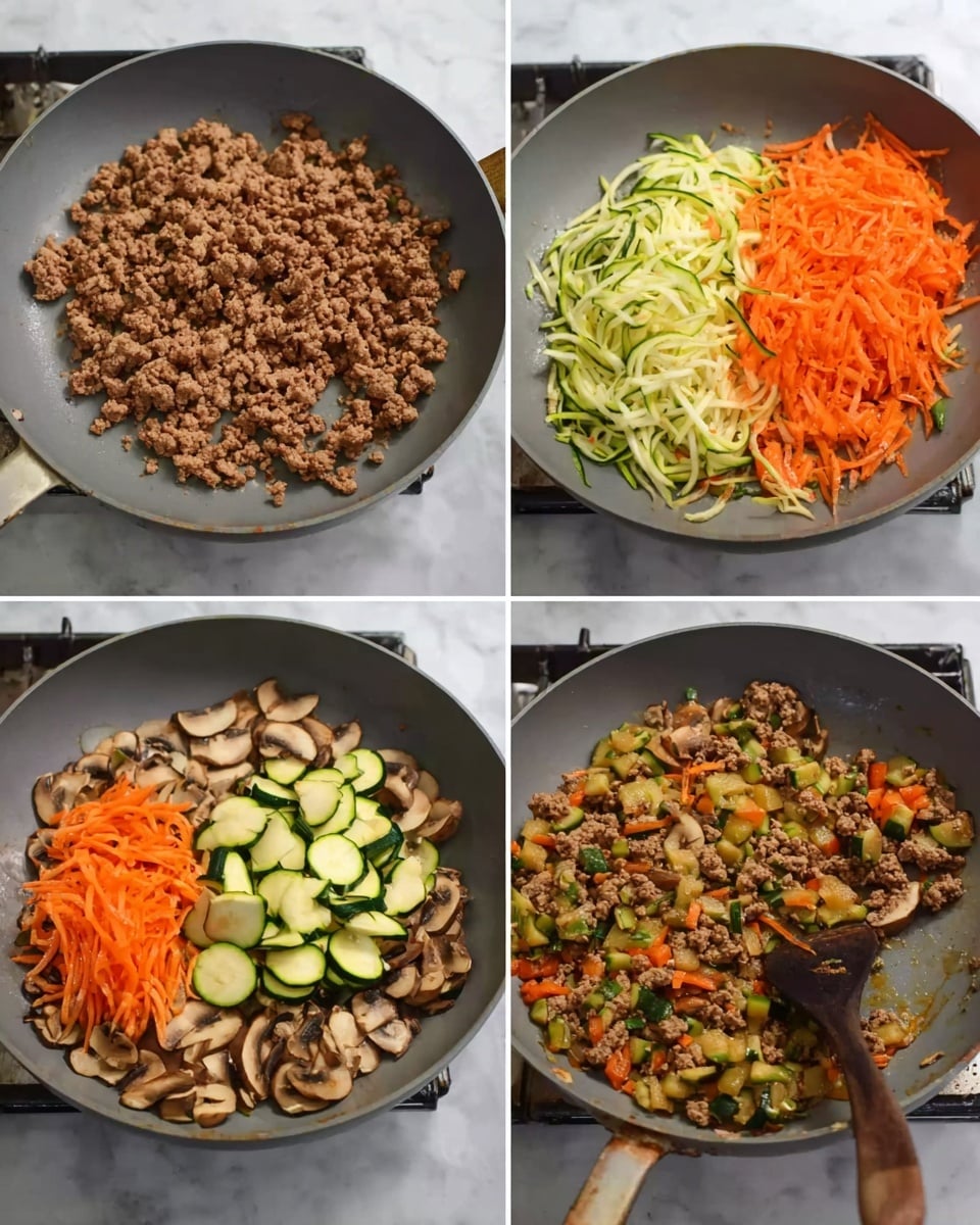The image shows a sequence of four photos in a grid, each depicting stages of cooking in a grey frying pan on a stove with a white marbled surface underneath. The top left photo shows a single layer of cooked ground meat, crumbly and brown, filling the pan. The top right photo shows three separate piles of thin orange shredded carrots, pale chopped mushrooms, and green sliced zucchini arranged side by side in the pan. The bottom left photo depicts a mixture of the carrots, mushrooms, and zucchini cooked together, the vegetables softened with light browning on the zucchini edges, evenly spread in the pan. The bottom right photo shows the cooked ground meat mixed with the now sautéed vegetables, a colorful mix of browned meat, orange carrots, green zucchini, and brown mushrooms, stirred with a dark wooden spatula visible on the right side. Photo taken with an iphone --ar 4:5 --v 7