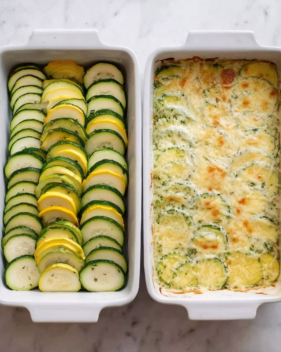 The image shows two white rectangular baking dishes placed side by side on a white marbled surface. The left dish is filled with thin, evenly sliced rounds of zucchini and yellow squash arranged vertically in neat rows, displaying a mix of green, light yellow, and white colors with a fresh, smooth texture. The right dish has the same layered slices underneath a thick covering of melted, golden-brown cheese with some green herbs visible through the cheese, creating a textured and slightly crispy-looking top layer. photo taken with an iphone --ar 4:5 --v 7