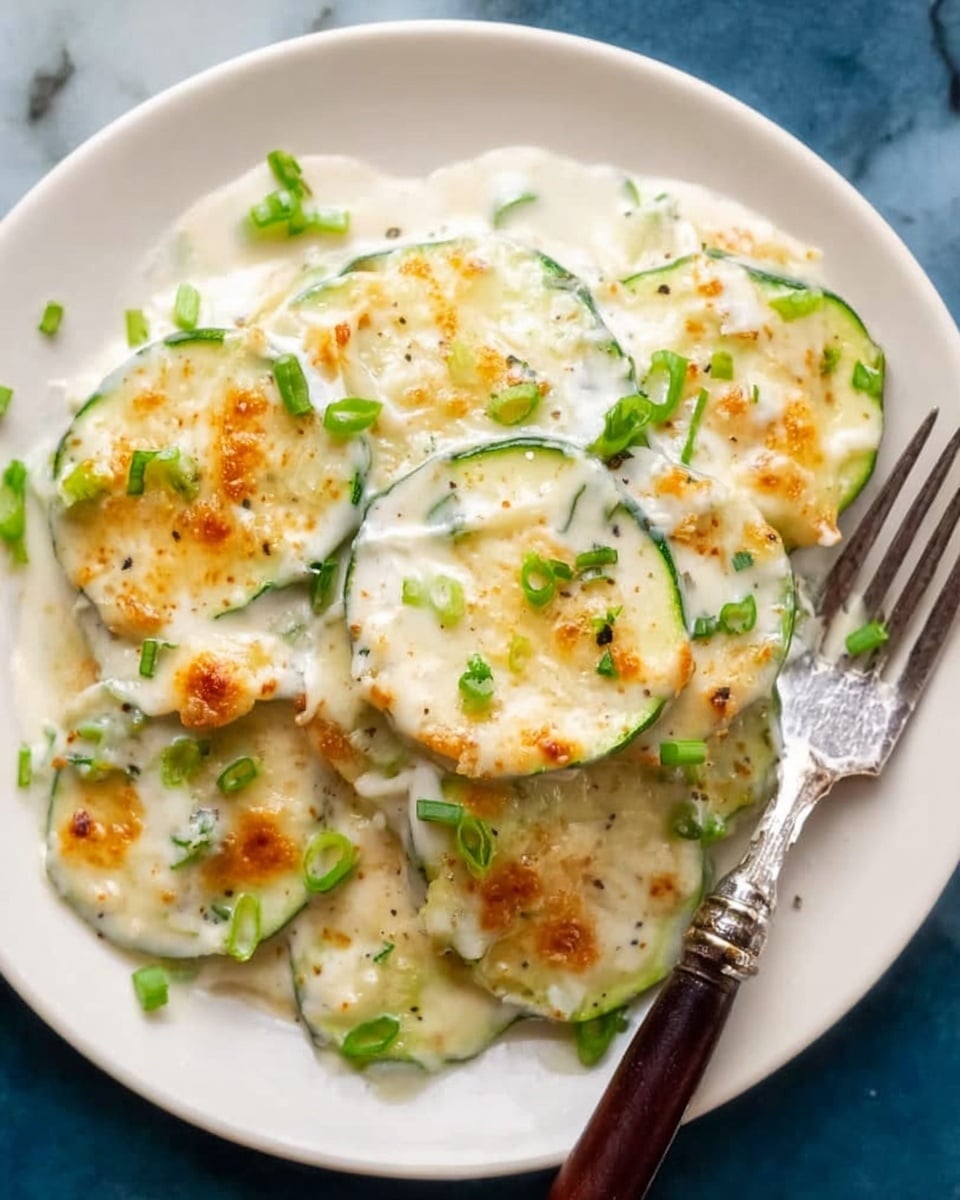 A white plate holds four overlapping layers of thinly sliced, light green zucchini evenly covered with creamy white sauce, slightly browned and bubbly on top. The dish is garnished with small pieces of cut green onions scattered on the sauce. On the right side of the plate lies a silver fork with a dark wooden handle. The background is a white marbled surface. Photo taken with an iphone --ar 4:5 --v 7