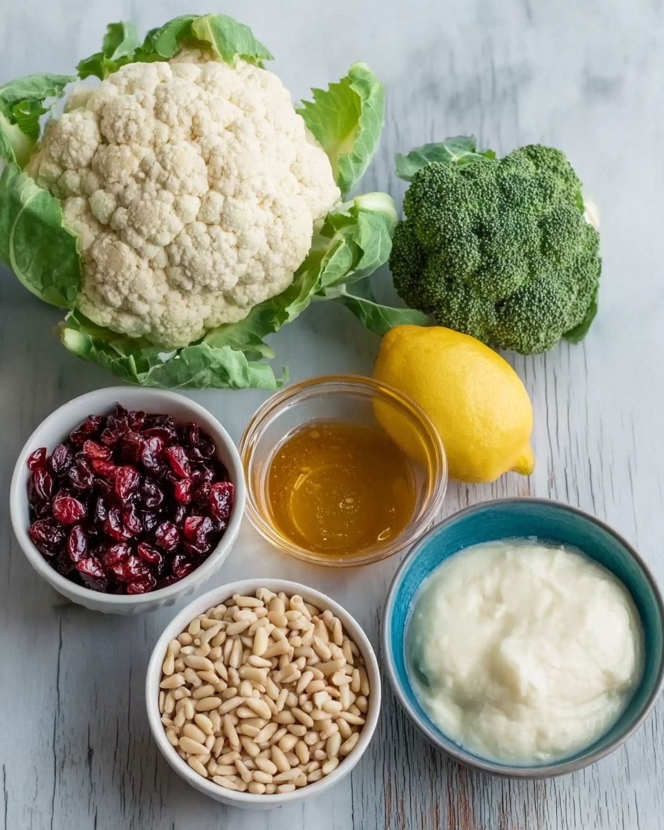 The image shows six ingredients arranged on a white marbled surface. At the back left is a whole cauliflower head with some green leaves around it. To the back right is a broccoli crown with a thick stalk. Next to the broccoli, there is a half lemon with a textured yellow peel and pale yellow inside. In front of the lemon, there is a small clear glass bowl filled with honey, showing its smooth, golden texture. On the front left, there is a white bowl filled with red dried cranberries. Next to it, on the right, is a blue bowl filled with light brown pine nuts. On the far right front, there is a white bowl with a creamy, smooth white substance, likely a dairy product. Photo taken with an iphone --ar 4:5 --v 7