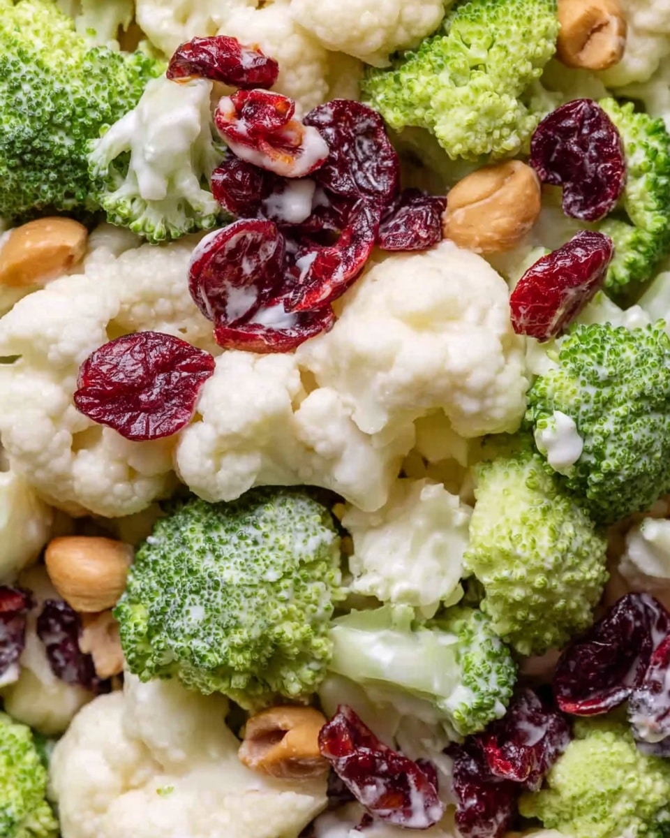This image shows a close-up of a colorful salad with three main layers. The bottom layer has small green broccoli florets with a slightly rough texture. The middle layer includes white cauliflower pieces with a smooth, soft surface. The top layer has reddish dried cranberries that add bright spots of color and some light brown nuts. All ingredients are mixed closely together on a white marbled surface. The photo taken with an iphone --ar 4:5 --v 7