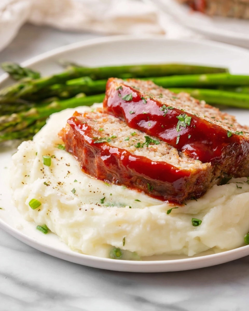 A white plate holds three main layers: the bottom layer is smooth, creamy mashed potatoes with light specks of black pepper and small green herb bits scattered on top; above that are two thick slices of meatloaf with a dense, soft texture and a light brown color, topped with a shiny, thick red glaze that has small pieces of green herbs; the top layer at the back of the plate shows a small bunch of bright green asparagus stalks arranged in a neat row. The plate is set on a white marbled surface, with soft natural light giving the food a fresh, inviting look. photo taken with an iphone --ar 4:5 --v 7