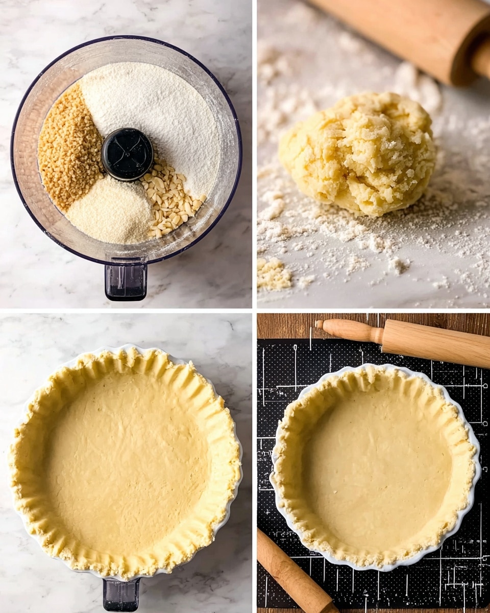 The images show the process of making a dough from dry and wet ingredients. In the first photo, inside a clear food processor bowl placed on a white marbled surface, several dry ingredients are visible: pale yellow ground nuts, white flour, and light brown pieces, arranged in separate piles around the blade. The second photo shows the dough after mixing, formed into a pale yellow, slightly crumbly ball inside the clear food processor bowl. In the third photo, the dough is rolled out flat and round on a black mat with white marking lines, with a wooden rolling pin partly visible. The dough is pale yellow and smooth with a slightly grainy texture. The final photo shows the rolled dough placed inside a white pie dish on the white marbled surface. The edge of the dough is shaped with wide ridges all around the rim, and the surface of the dough inside the dish is smooth and pale yellow with small visible bits. Photo taken with an iphone --ar 4:5 --v 7