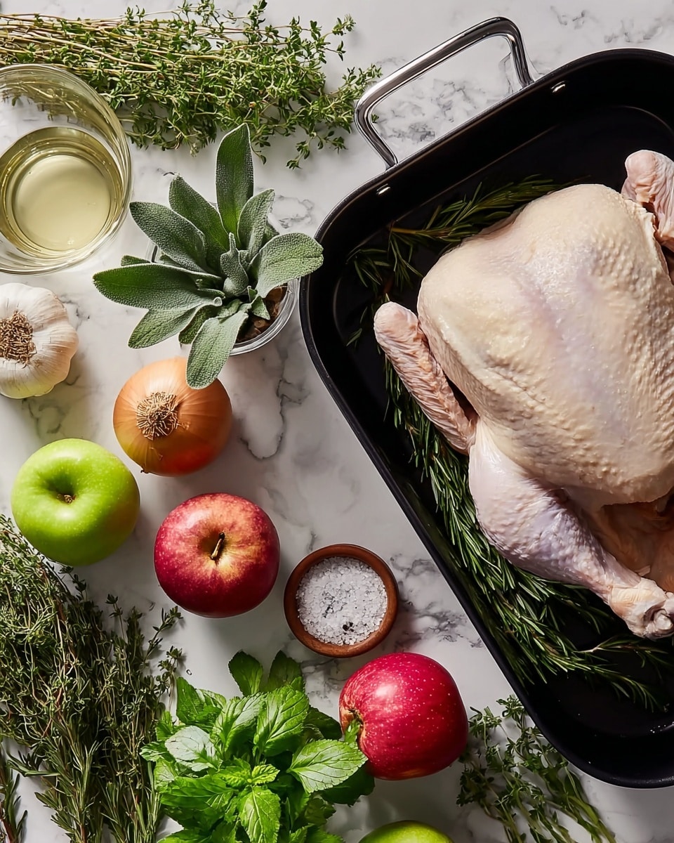 The image shows a raw whole chicken placed on a black roasting pan with a metal handle, positioned at the top right. Around the pan on a white marbled texture surface, there are fresh green rosemary and thyme sprigs, two red apples and one green apple, a glass bowl with clear liquid, large fresh sage leaves, a round brown onion, two bulbs of garlic, a small green herb plant in a pot, and a small wooden bowl with salt and pepper. The items are spread out evenly, showing a mix of smooth and leafy textures with natural colors. Photo taken with an iphone --ar 4:5 --v 7