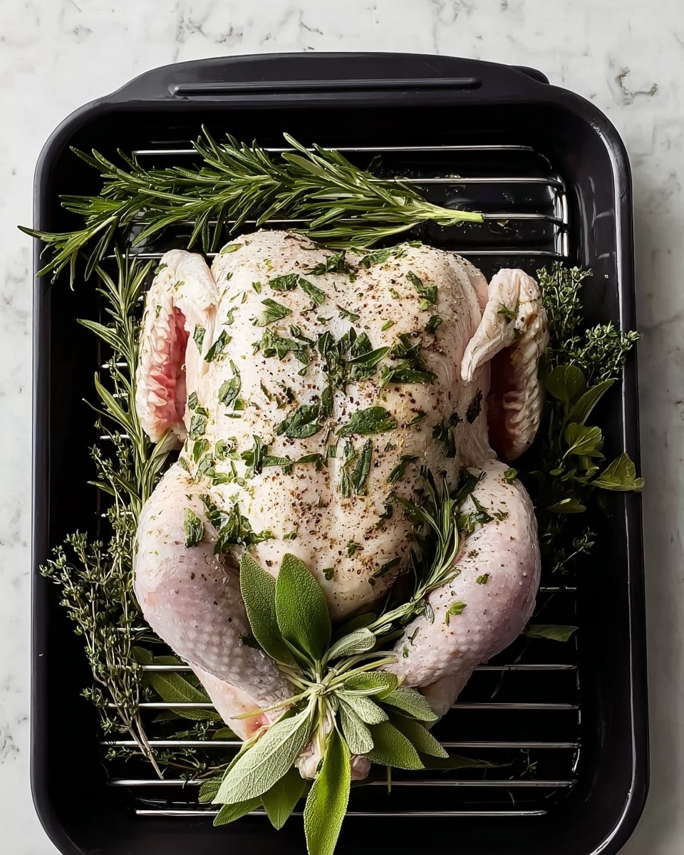 A whole raw chicken lies on a black roasting rack inside a black pan, spread out flat with its legs tied together. The chicken skin is pale with a light layer of white fat, covered by fresh green herbs scattered all over, including rosemary and sage, along with some coarse ground black pepper sprinkled on top. Fresh herb sprigs like rosemary and sage are tucked under the tied legs at the bottom. The background is a white marbled texture. photo taken with an iphone --ar 4:5 --v 7