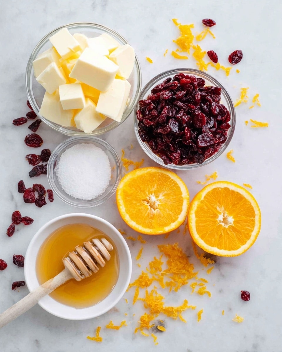 The image shows several ingredients placed on a white marbled surface. There is a clear bowl filled with white cubed butter at the bottom left, next to a smaller clear bowl with white salt. Above these, a larger clear bowl contains dark red dried cranberries, and to its right, a small clear bowl has bright orange grated zest. Two orange halves with vibrant orange color and white centers are positioned at the top center and lower right side of the image. A small round white bowl holds golden honey with a wooden honey dipper resting in it, extending diagonally across the frame. Scattered around the ingredients are additional dried cranberries and small bits of orange zest, creating a natural, light feel. photo taken with an iphone --ar 4:5 --v 7