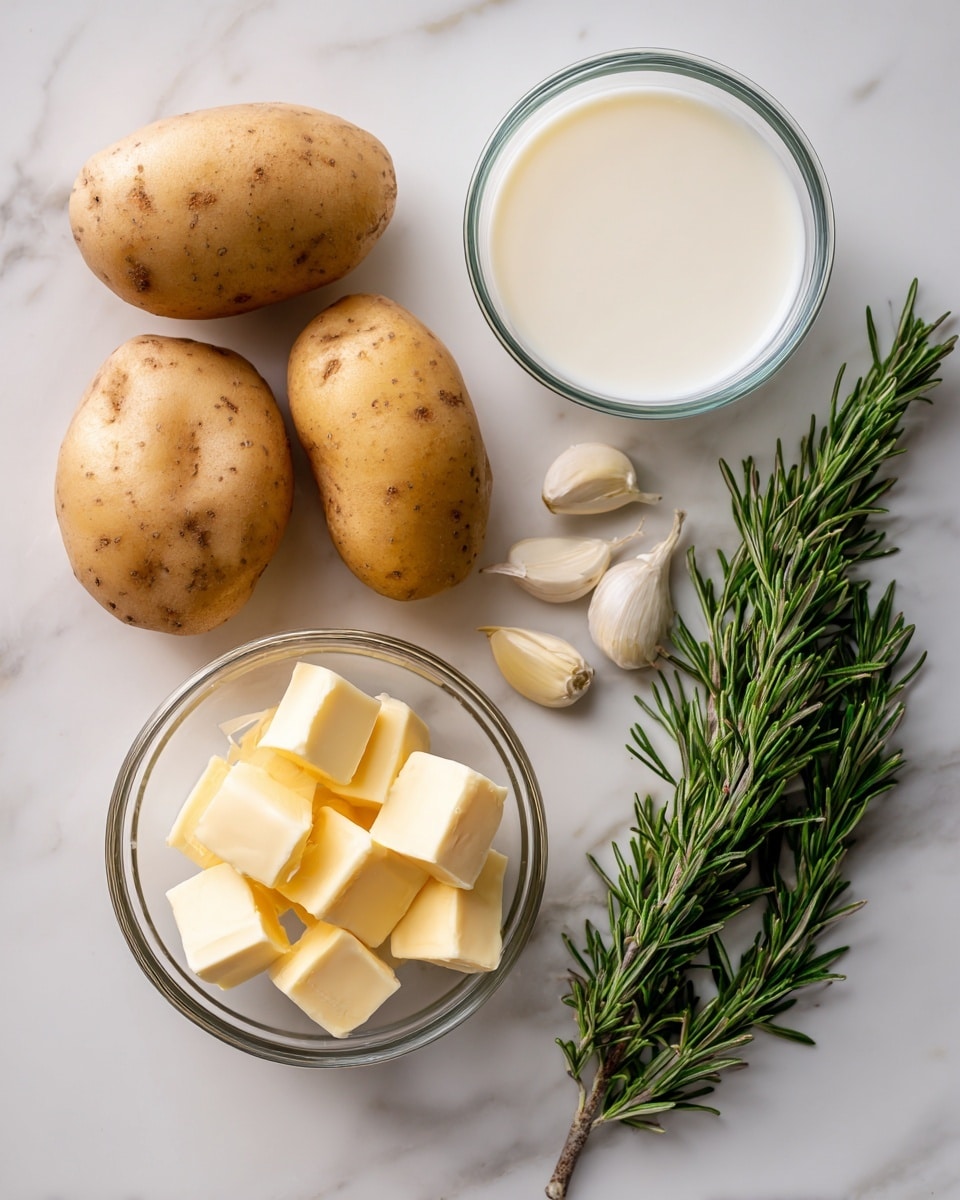 Three brown potatoes with smooth skin are placed on the left side, with three peeled garlic cloves below them. To the right of the potatoes and garlic, there is a small clear glass bowl with four cubes of pale yellow butter. Above the butter, a clear glass bowl filled with creamy white milk sits near the upper right. Two fresh green rosemary sprigs with needle-like leaves lie diagonally along the right side. All items are arranged on a white marbled surface. Photo taken with an iphone --ar 4:5 --v 7