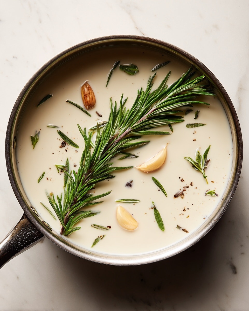 A metal saucepan filled with a creamy off-white liquid base, containing a large dark green sprig of rosemary that crosses diagonally from top left to bottom right. There are two whole garlic cloves partially submerged near the bottom left and right edges, along with a few small pieces of rosemary leaves floating in the mix. The sauce looks smooth and slightly thick, and the saucepan is placed on a white marbled surface. photo taken with an iphone --ar 4:5 --v 7