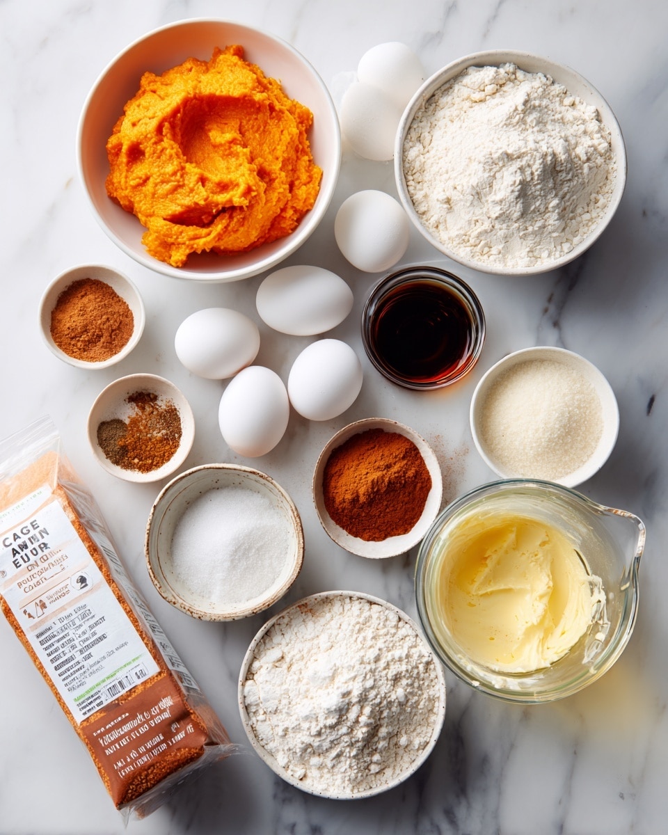 The image shows various baking ingredients arranged on a white marbled surface. At the top left, there is a white bowl filled with bright orange pumpkin puree. Below it, a clear glass cup holds white heavy cream. Three white eggs are placed in a line near the center of the image. Small white bowls hold different spices and ingredients: one has white salt, another has brown pumpkin pie spice, one has white all-purpose flour with a powdery texture, and another contains cinnamon powder in a reddish-brown color. A white bowl contains white granulated sugar, and a measuring cup with melted butter shows a yellow, shiny, liquid layer with some foam on top. A small white bowl with vanilla extract displays a dark brown liquid. On the left side, a package of pure cane sugar is visible, leaning slightly and resting on the surface. The labels on the image identify each ingredient. photo taken with an iphone --ar 4:5 --v 7