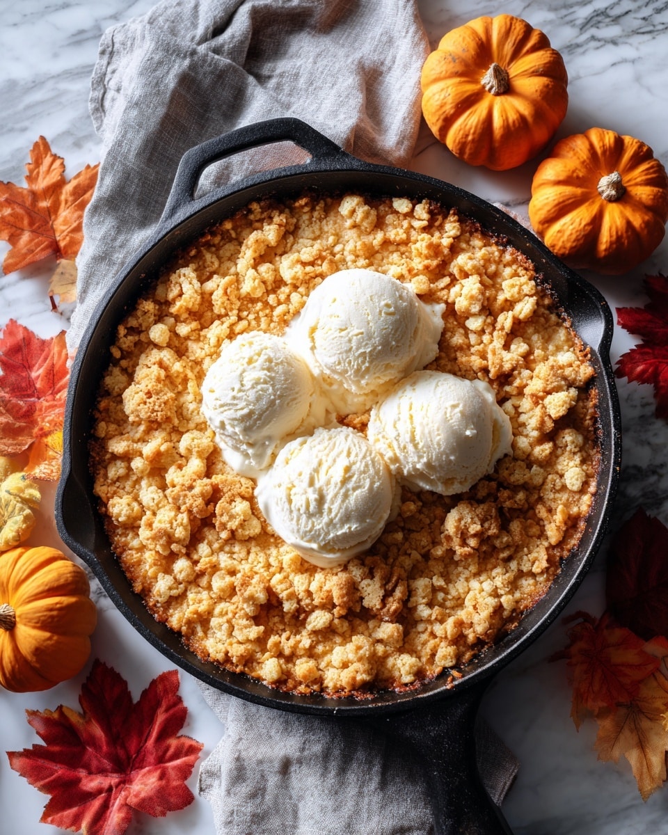 A large black cast iron pan holds a crumbly golden brown dessert with a textured surface made of small clusters. On top, there are three scoops of creamy white vanilla ice cream placed close together in the center. Around the pan, there are small orange pumpkins and colorful autumn leaves in shades of red, yellow, and orange, creating a warm fall setting. The pan rests on a white marbled surface covered partly by a grey cloth. photo taken with an iphone --ar 4:5 --v 7
