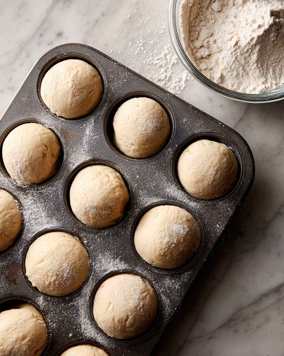 A dark gray metal muffin pan holds ten evenly spaced dough rounds, each pressed into the cup shapes with a hollow center forming a shallow bowl shape. The dough is light beige with a smooth surface dusted lightly with white flour. The muffin pan sits on a white marbled textured surface with soft natural lighting highlighting the dough's fine texture and the pan’s slightly worn edges. In the top right corner of the image, a partially visible glass measuring cup with white flour adds to the baking scene. photo taken with an iphone --ar 4:5 --v 7