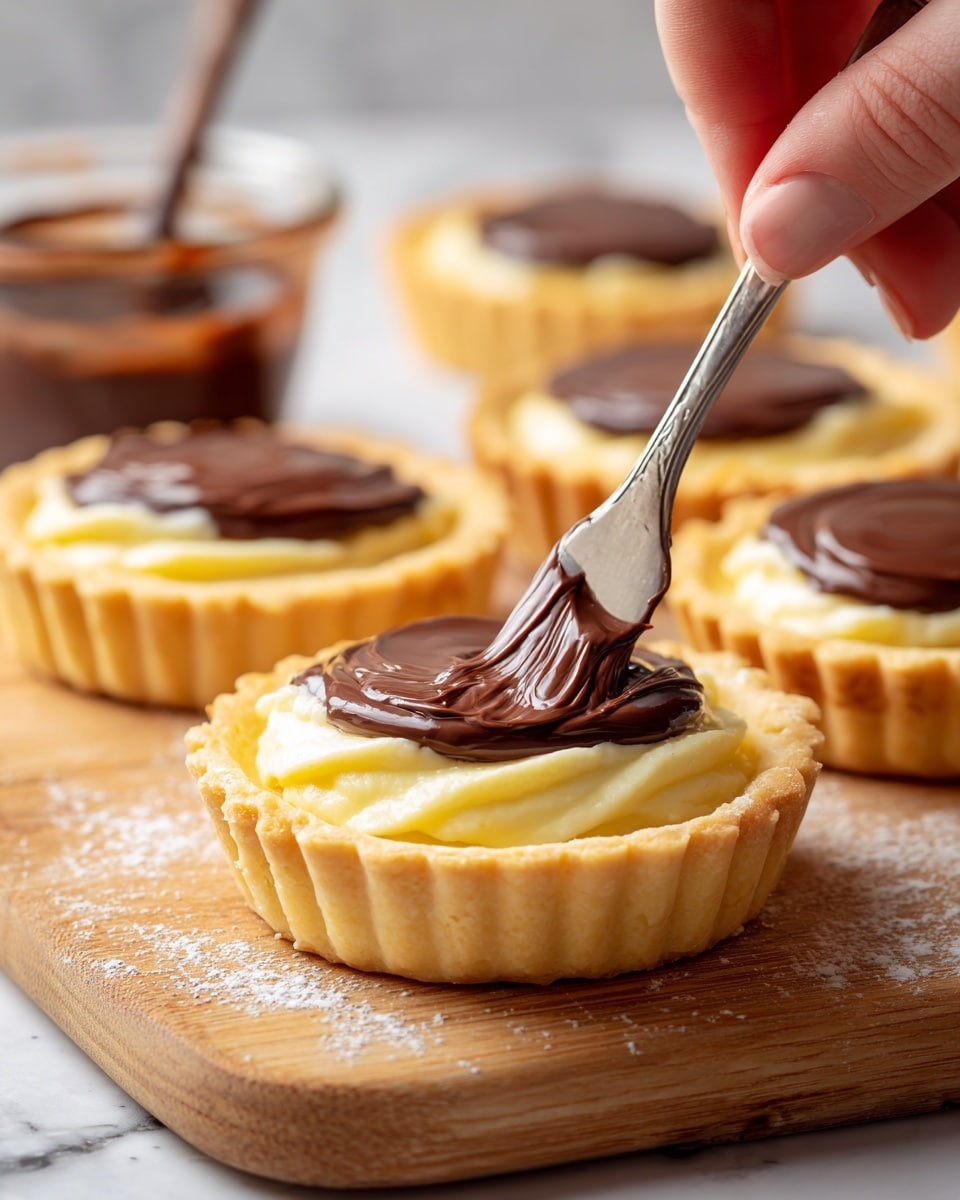 A close-up view shows a wooden board holding round tart shells, each having a thick bottom crust in a light golden brown color. Inside each shell, there is a creamy, pale yellow filling with a soft and smooth texture. A woman's hand is using a small metal spatula to spread a rich, shiny dark brown chocolate layer on top of the creamy filling of one tart shell. In the background, a glass measuring cup filled with more dark chocolate sits on a white marbled surface. The setting highlights the contrast between the light tart base, creamy filling, and glossy chocolate on top. Photo taken with an iphone --ar 4:5 --v 7