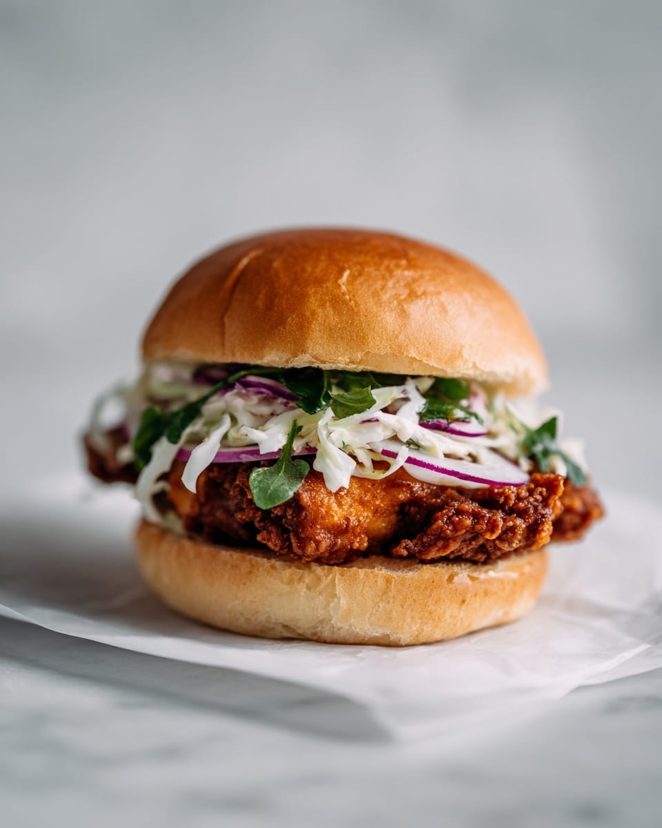 The image shows a fried chicken sandwich on a white bun placed on white paper with a white marbled background. The sandwich has three layers: the bottom layer is a crispy fried chicken piece with a rich brown color and crunchy texture, the middle layer consists of a fresh coleslaw made of thin white cabbage strips, green leafy herbs, and thin slices of purple onion, adding a mix of white, green, and purple colors with a slightly creamy texture, and the top layer is the soft, smooth, golden-brown bun with a rounded shape. Photo taken with an iphone --ar 4:5 --v 7