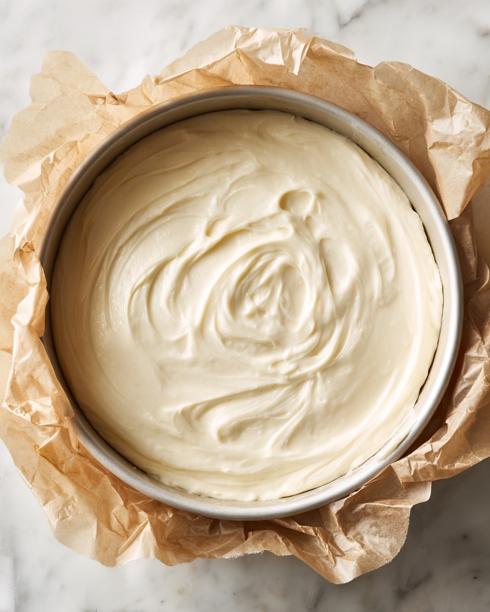 A close-up view of a round baking pan filled with a smooth, light cream-colored batter evenly spread on top, showing soft texture with gentle swirls. The pan rests on crumpled parchment paper, all placed on a white marbled surface. The scene is simple, focusing on the creamy batter ready to be cooked photo taken with an iphone --ar 4:5 --v 7