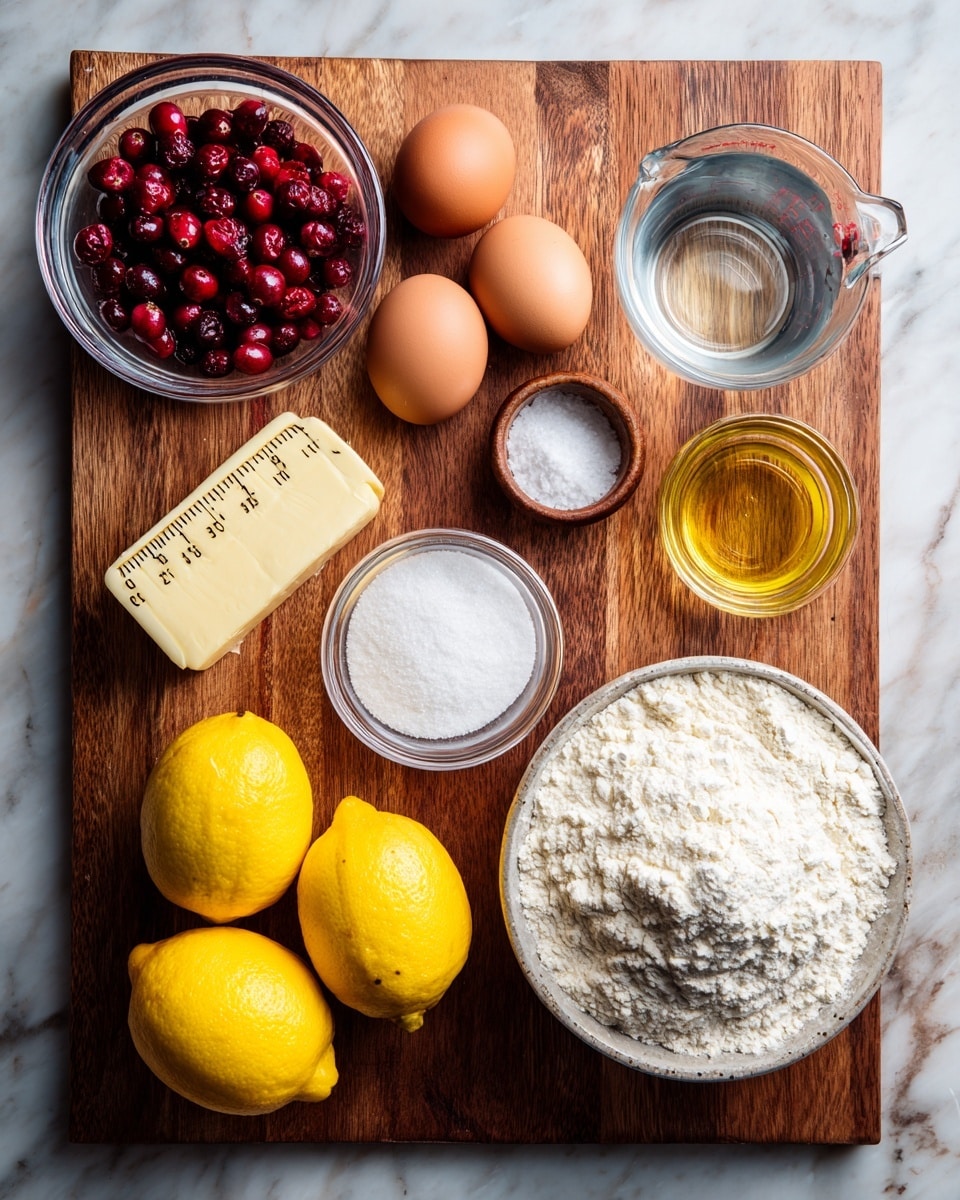 The image shows a wooden surface with various clear glass bowls and ingredients arranged neatly. Starting from the top left, there is a small clear bowl filled with dark red cranberries. Below it are three brown eggs scattered on the surface next to a pale yellow butter stick with measurement markings. Two bright yellow lemons sit side by side near the bottom. To the right of the cranberries, mid-way down, is a small bowl of powdered sugar, and beside it, a smaller bowl with salt. Above those, a tiny bowl holds a golden vanilla liquid. On the top right, a clear glass measuring cup contains a small amount of water. Below the powdered sugar is a large bowl of white flour. The whole arrangement rests on a white marbled texture. Photo taken with an iphone --ar 4:5 --v 7