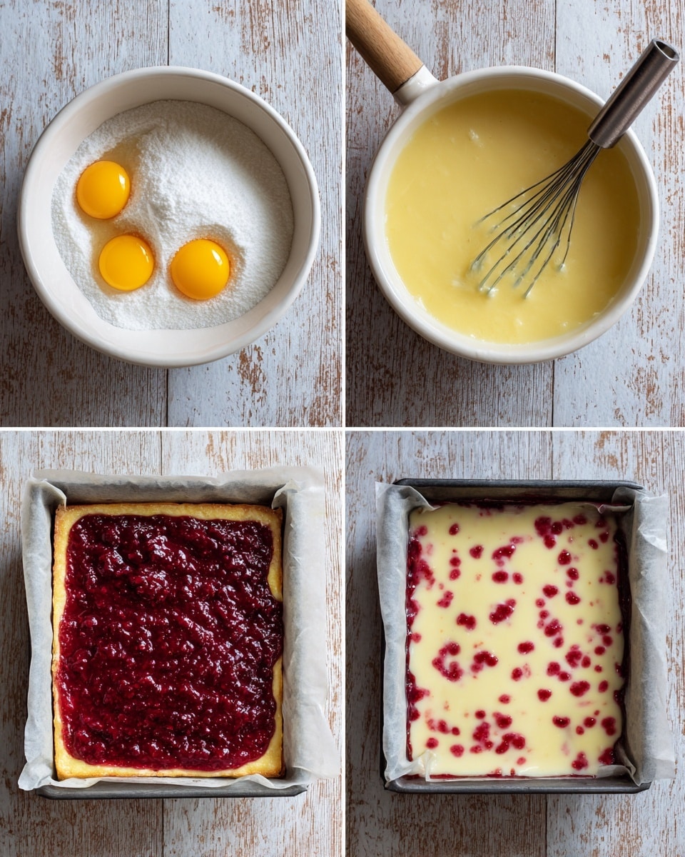 The image is divided into four sections showing a baking process: the top left shows a white bowl with three raw eggs cracked over a layer of white sugar; the top right shows the same white bowl with the eggs and sugar mixed into a smooth yellow batter with a metal whisk inside; the bottom left shows a square baking pan lined with parchment paper filled with a light golden baked crust topped with a thick, deep red berry jam layer spread over it; the bottom right shows the same pan with a white creamy batter poured over the red berry layer, lightly dotted with red spots, all on a wooden surface with a rustic finish replaced by white marbled texture photo taken with an iphone --ar 4:5 --v 7