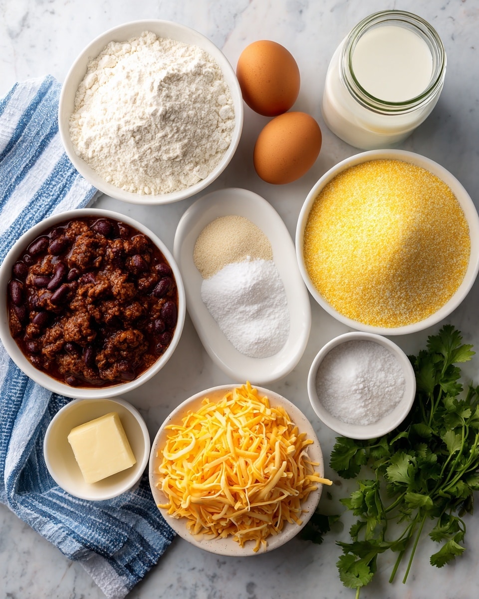 The image shows several white bowls and loose ingredients on a white marbled surface arranged neatly. At the top left is a white bowl filled with white flour, next to it on the right is a white bowl with bright yellow cornmeal. Below the flour is a glass bottle with white buttermilk, beside it to the right are three small white dishes: one with white sugar, one with white baking powder/baking soda/salt mix, and next to them two brown eggs placed directly on the surface. Below the sugar is a white bowl holding melted yellow butter with some texture on top. To the right of the butter is a white bowl full of shredded cheddar cheese in bright orange color. Finally, at the bottom left is a white bowl filled with dark chili containing beans and some sauce, next to a blue striped cloth on the left and some fresh cilantro on the bottom right edge. Each ingredient is labeled clearly with black text on white tags. photo taken with an iphone --ar 4:5 --v 7