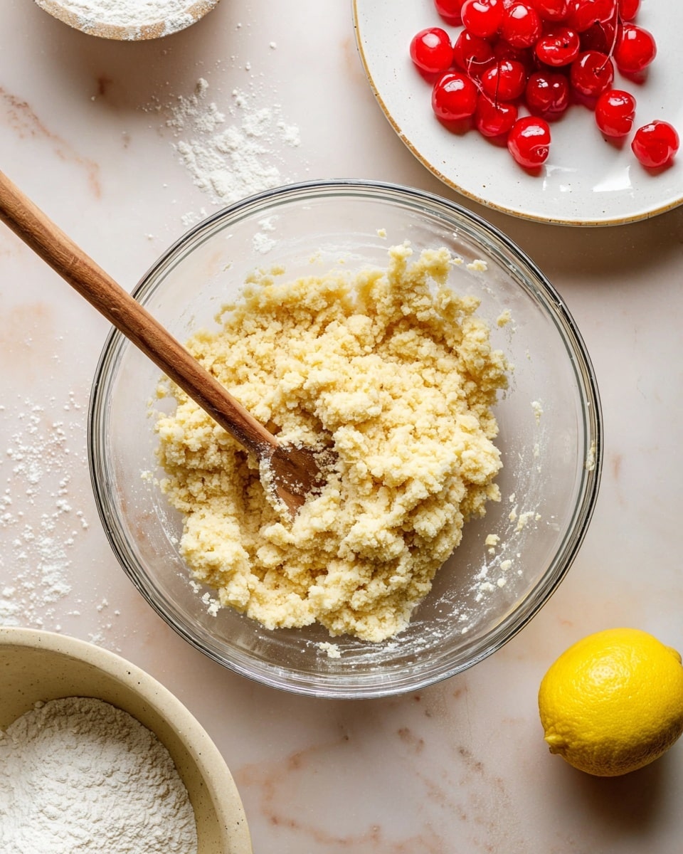 A clear glass bowl sits in the center filled with a thick, crumbly, pale yellow dough mixture being stirred with a wooden spoon that has a long handle extending out of the bowl toward the bottom of the image. Above the bowl, there is a white plate holding small, bright red cherries with a shiny texture. To the right of the bowl, a whole yellow lemon rests on the white marbled surface dusted lightly with flour around the bowl. Near the lower left corner, part of a beige bowl filled with white flour is visible. The overall scene is bright with soft natural light, showing a clean white marbled background photo taken with an iphone --ar 4:5 --v 7
