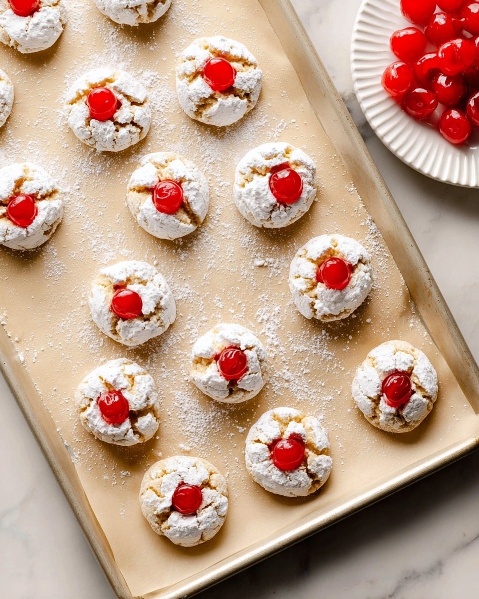 A white baking sheet lined with beige parchment paper holds 18 round cookies with a cracked texture and covered in powdered sugar, appearing soft and slightly golden underneath; 6 of the cookies are topped with a glossy bright red cherry placed in the center, creating a contrast against the white powdered surface. To the top right corner, there is a white plate with more bright red cherries, contributing extra color. The background has a white marbled texture, bright and clean, highlighting the cookies and cherries with natural light. photo taken with an iphone --ar 4:5 --v 7