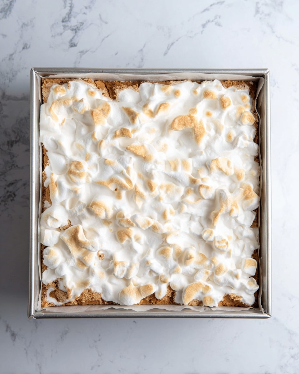A square metal baking pan filled with a layered dessert, lined with parchment paper visible at the edges, sits on a surface that has a white marbled texture. The dish has two visible layers: the bottom layer is light brown with a smooth texture, while the top layer is generously covered with white melted marshmallows that bubble and spread unevenly across the surface, creating a soft, puffy texture with some golden brown spots peeking through. The pan edges frame the dessert tightly, showing the contrast between the soft top and the dense-looking base. Photo taken with an iphone --ar 4:5 --v 7