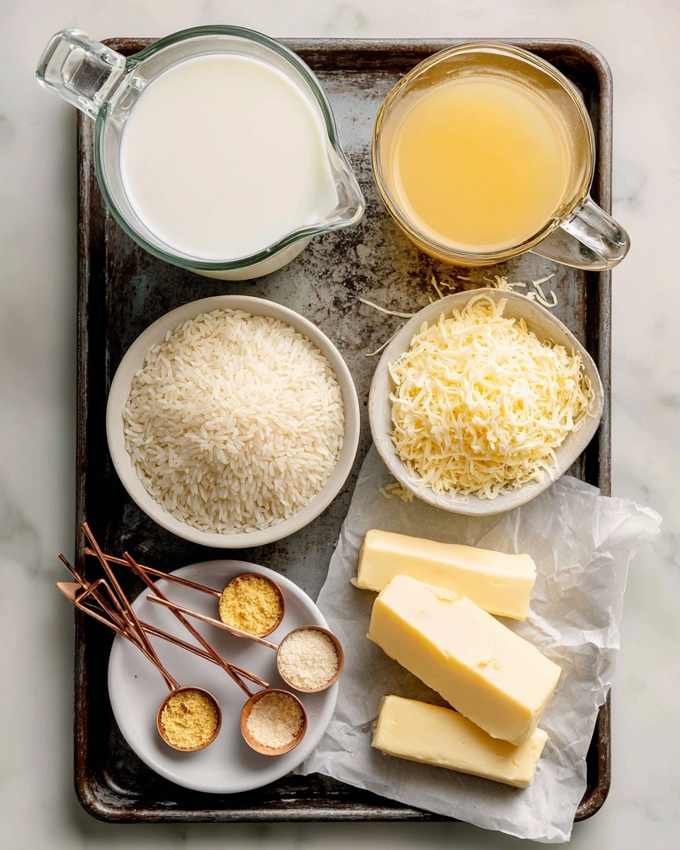 A top view of a dark metal tray holding various white dishes and measuring cups with ingredients neatly arranged. On the top left, a glass measuring cup filled with whole milk shows white liquid. Next to it on the right, another glass measuring cup contains yellow chicken broth. Below on the left side, a small white bowl is full of long grain white rice with some grains scattered on the tray. To the right of the rice bowl, another white bowl is filled with light yellow shredded parmesan cheese. At the bottom left corner, a small white dish holds two copper measuring spoons, one with yellow onion powder and the other with light beige garlic powder. To its right, a copper measuring cup contains mashed pale yellow garlic. On the bottom right side, three thick pieces of pale yellow butter sit on white parchment paper. The tray rests on a white marbled surface. Photo taken with an iphone --ar 4:5 --v 7