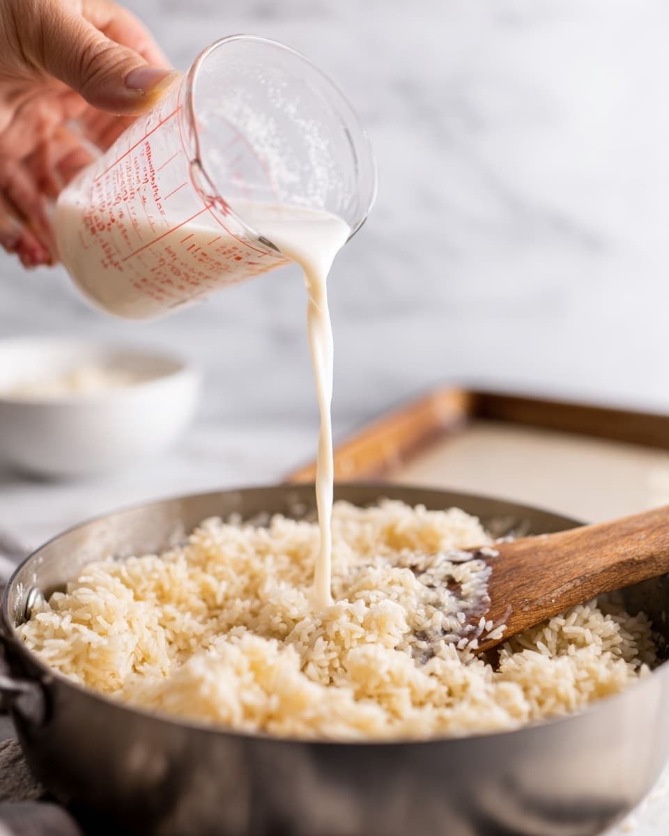 In the image, a woman's hand is pouring a white liquid from a clear glass measuring cup into a pan filled with cooked rice that has a soft, fluffy texture and a light golden color. The pan is metallic and round, with a wooden spoon resting inside, partially submerged in the rice on the right side. The background features a white marbled surface with a blurred baking tray and a white bowl visible in soft focus behind the pan. The image is bright with natural light highlighting the rice grains and the liquid stream, giving it a fresh and warm feeling. photo taken with an iphone --ar 4:5 --v 7