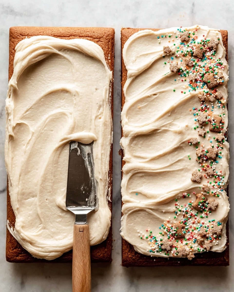 The image shows two stages of spreading light beige frosting on a rectangular brown cake with a slightly uneven surface. On the left side, there is a thick layer of creamy frosting being spread smoothly with a metal spatula that has a wooden handle, resting on the cake. On the right side, the same cake is fully covered with frosting with visible swirl patterns and decorated with small gingerbread-shaped crumbs and tiny multicolored round sprinkles scattered unevenly across the top. The cake sits directly on a white marbled surface. Photo taken with an iphone --ar 4:5 --v 7