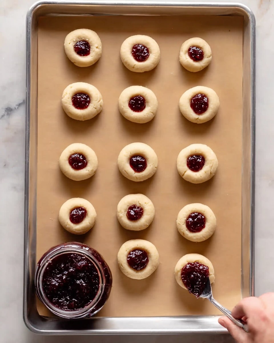 A metal tray is lined with brown baking paper, holding 15 round cookie dough balls arranged in three rows and five columns. Each dough ball is pale beige with a smooth, soft texture and has a small well in the center filled with dark red jam that looks shiny and slightly thick. In the bottom right corner of the tray, a woman's hand with a spoon is adding more jam into one of the dough wells. Below the tray, there is a glass jar filled with the same dark red jam. The surface underneath the tray is a white marbled texture. photo taken with an iphone --ar 4:5 --v 7